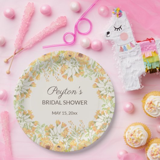 Pastel Yellow Waterverf Flowers Vrijgezellenfeest  Papieren Bordje (Feest)