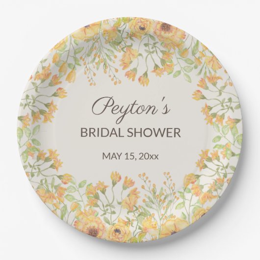Pastel Yellow Waterverf Flowers Vrijgezellenfeest  Papieren Bordje (Voorkant)