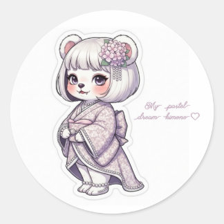 Pastel Yukata Bear - Frilly Purple&Pearl Elegance Ronde Sticker