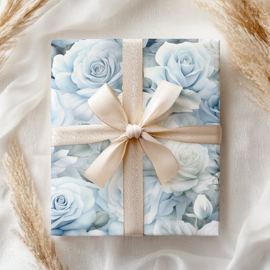 Pastel Zachte Blauwe Rozen Bruids Huwelijk Cadeaupapier