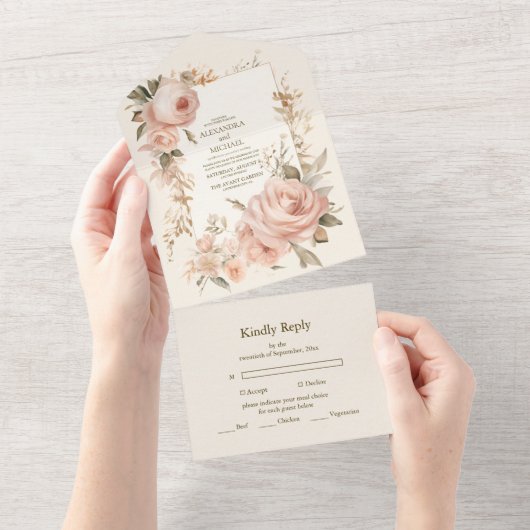 Pastel Zachte Blush Perzik Bloemen Bruiloft All In One Uitnodiging (Afscheurbaar)