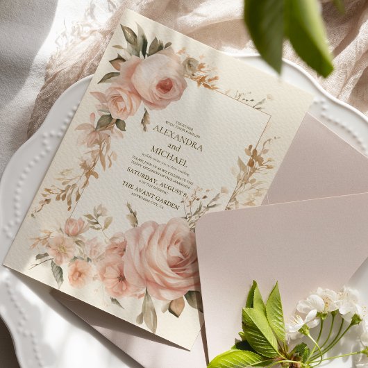 Pastel Zachte Blush Perzik Bloemen Bruiloft Kaart