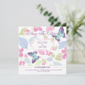 Pastel zachte roze groene bladeren vlinders bruilo save the date (Staand voorkant)