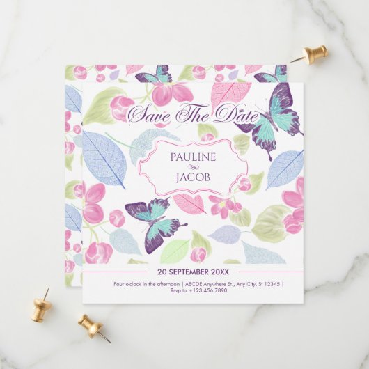 Pastel zachte roze groene bladeren vlinders bruilo save the date (Voorkant / Achterkant in situ)