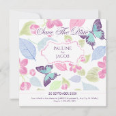 Pastel zachte roze groene bladeren vlinders bruilo save the date (Voorkant)
