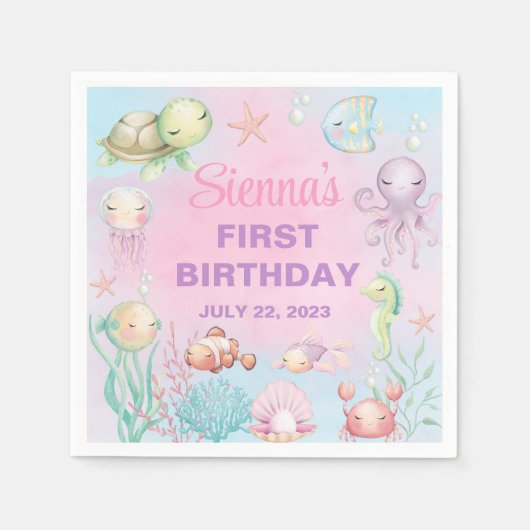 Pastel zee leven meisje verjaardag papieren servet (Voorkant)