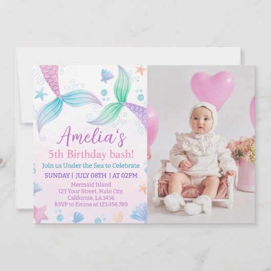 Pastel Zeemeermin 1e Verjaardag uitnodiging (Voorkant)