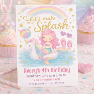 Pastel Zeemeermin Eenhoorn Zwembad Feest Verjaarda Kaart