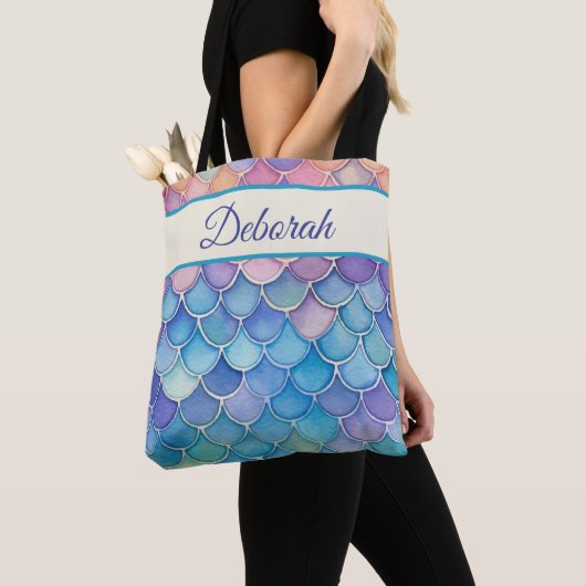 Pastel zeemeermin schalen gepersonaliseerd tote bag (Dichtbij)