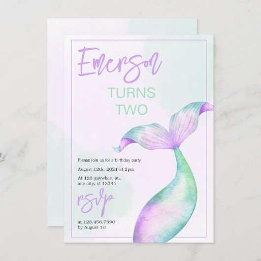 Pastel Zeemeermin Staart Verjaardag Uitnodiging (Voorkant / Achterkant)