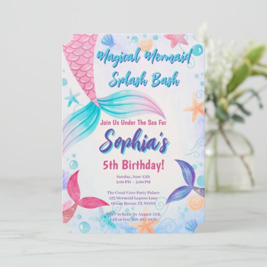 Pastel zeemeermin staart Waterverf verjaardagsfees Kaart (Staand voorkant)