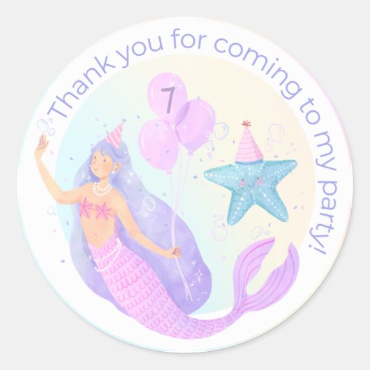 Pastel zeemeermin verjaardagsfeest Dank u Stickers (Voorkant)