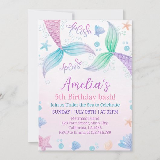 Pastel Zeemeermin Verjaardagsfeestuitnodiging Kaart (Voorkant)
