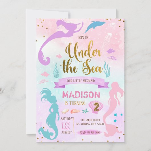 Pastel zeemeermin verjaardagsuitnodiging kaart (Voorkant)