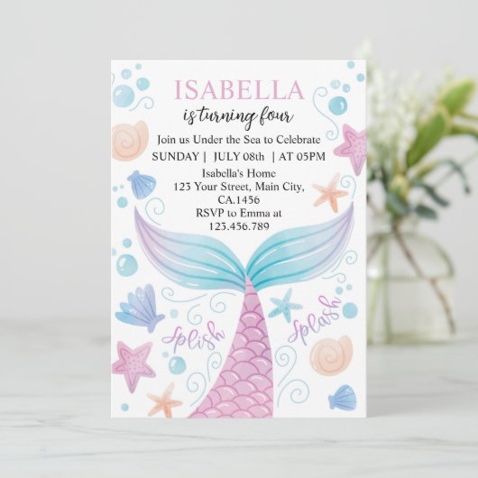 Pastel Zeemeermin Verjaardagsuitnodiging Kaart (Staand voorkant)