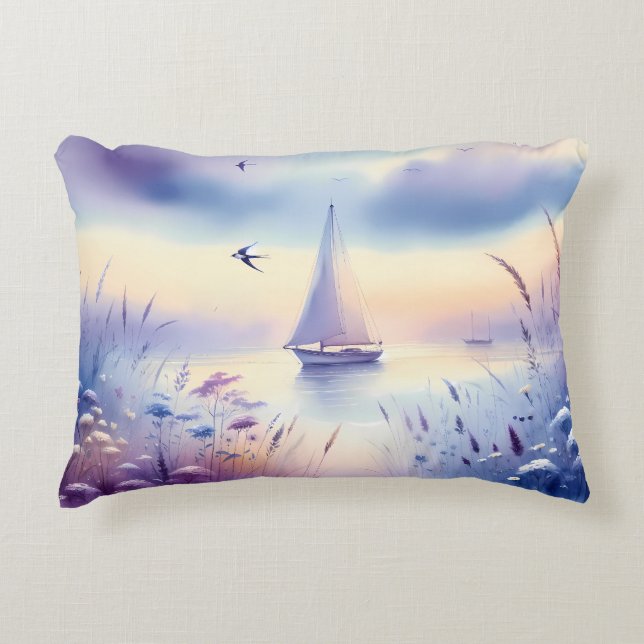 Pastel Zeilboot Kust Droomlandschap Accent Kussen (Voorkant)