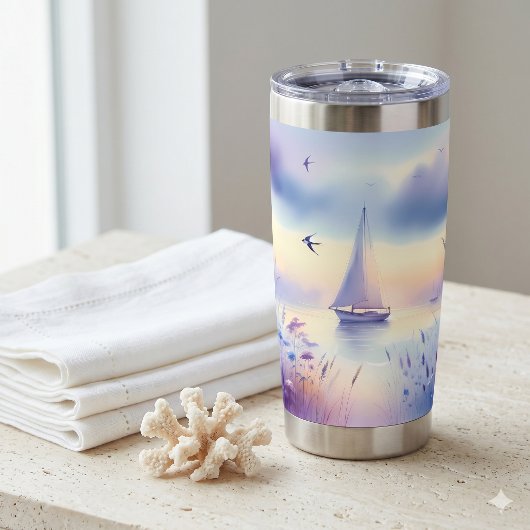 Pastel Zeilboot Kust Droomlandschap Geïsoleerde Drinkbeker