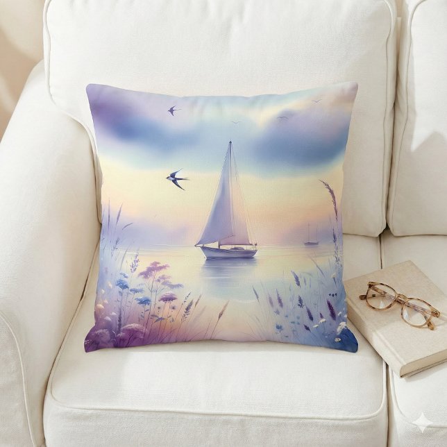 Pastel Zeilboot Kust Droomlandschap Kussen (Pastel Sailboat Coastal Dreamscape Throw Pillow Mockup A)
