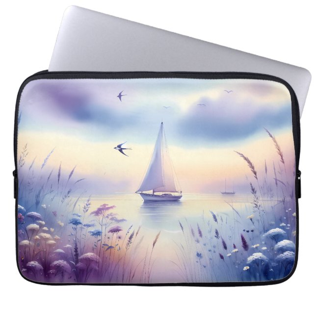 Pastel Zeilboot Kust Droomlandschap Laptop Sleeve (Voorkant)