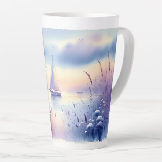 Pastel Zeilboot Kust Droomlandschap Latte Mok (Rechterhoek)