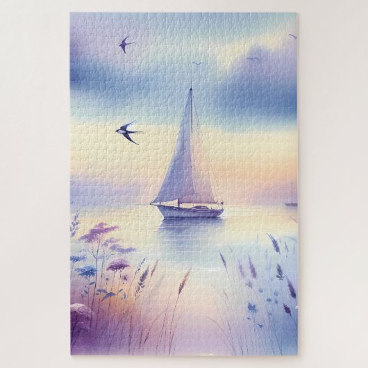 Pastel Zeilboot Kust Droomlandschap Legpuzzel (Verticaal)