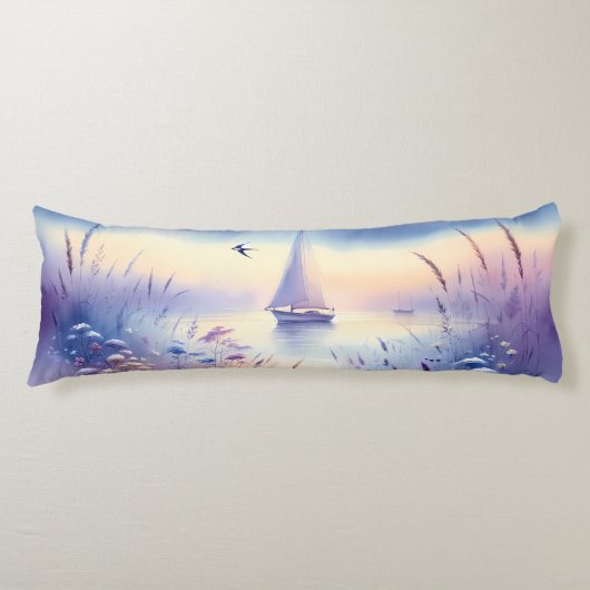 Pastel Zeilboot Kust Droomlandschap Lichaamskussen (Voorkant)