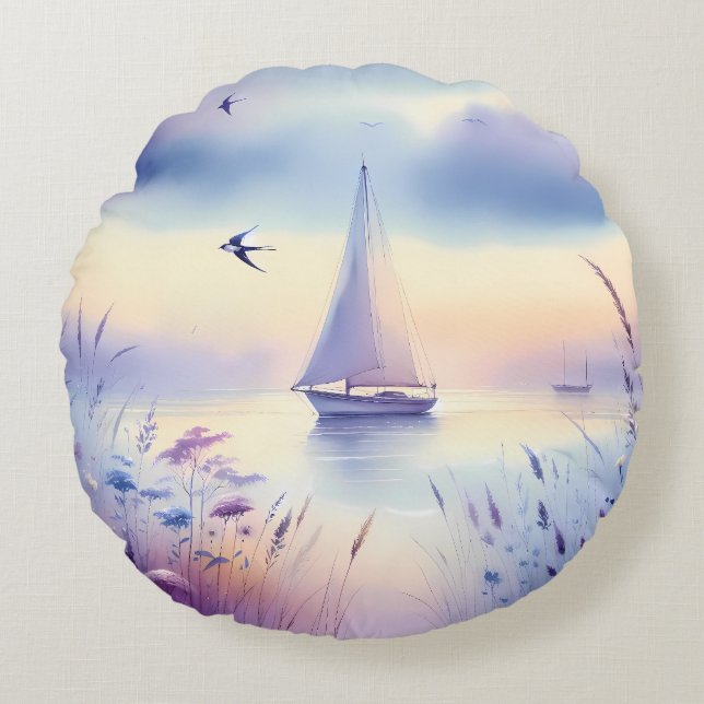 Pastel Zeilboot Kust Droomlandschap Rond Kussen (Voorkant)