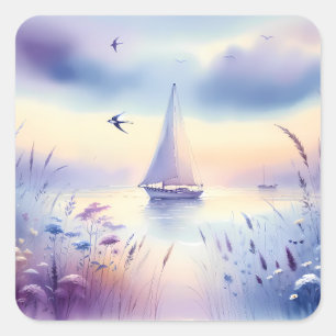 Pastel Zeilboot Kust Droomlandschap Vierkante Sticker