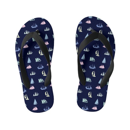 Pastel Zeilboot Patroon op Middernachtblauw Kinder Teenslippers (Voetbed)
