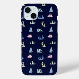 Pastel Zeilboot Patroon op Midnight Blue iPhone 15 Mini Hoesje
