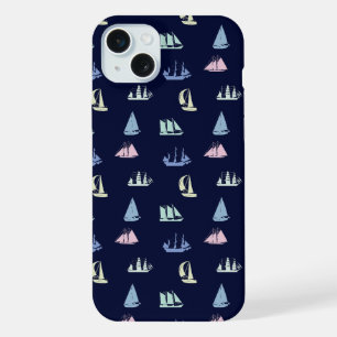 Pastel Zeilboot Patroon op Midnight Blue iPhone 15 Plus Case