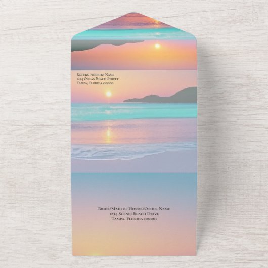 Pastel Zonsondergang Bestemming Ocean Beach Bruilo All In One Uitnodiging (Buitenkant)