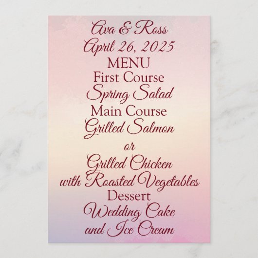 Pastel Zonsondergang Bruiloft Menu (Voorkant)