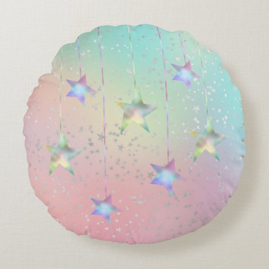 Pastel-zwirl-holografische sterren en lint-schatti rond kussen (Voorkant)