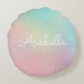 Pastel-zwirl-holografische sterren en lint-schatti rond kussen (Achterkant)