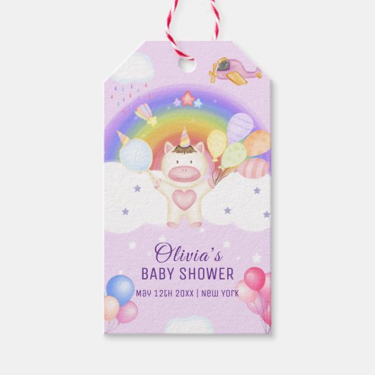 Pastelballon Eenhoorn Regenboog Baby shower Cadeaulabel (Voorkant)