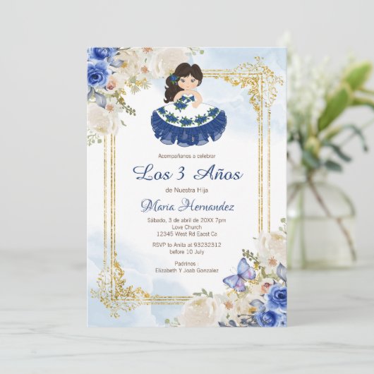 Pastelblauw 4 Mexicaans meisje Tres Anos uitnodigi Kaart (Staand voorkant)