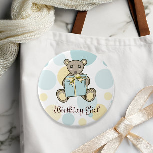 Pastelblauw en gele teddybeer kinderverjaardag ronde button 7,6 cm