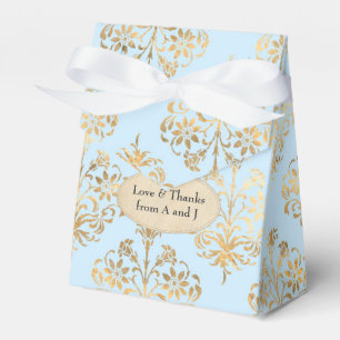 Pastelblauw en gouden vintage damast bedankdoosjes