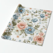 pastelblauw en perzik bloemenpatroon cadeaupapier (Uitgerold)
