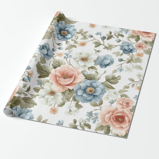 pastelblauw en perzik bloemenpatroon cadeaupapier (Uitgerold)