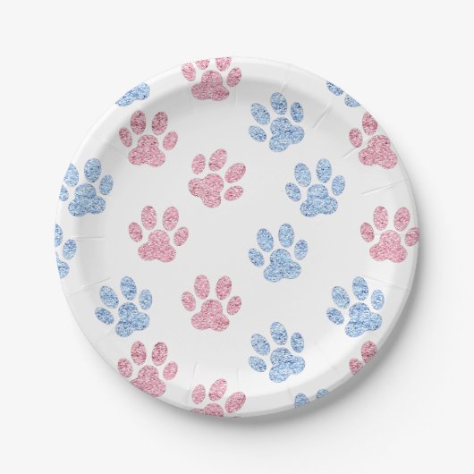 pastelblauw en roze faux glitter paw afdrukken papieren bordje (Voorkant)
