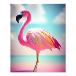 Pastelblauw en roze flamingo poster