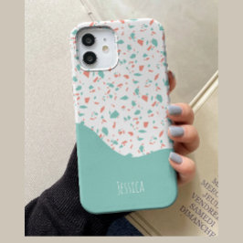 Pastelblauw en roze gepersonaliseerd terrazzo-patr Case-Mate iPhone 14 hoesje