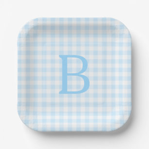 Pastelblauw en wit geruit met monogram papieren bordje
