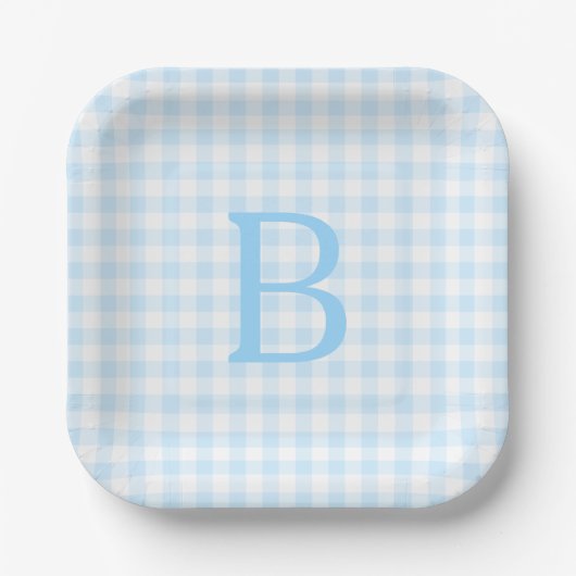 Pastelblauw en wit geruit met monogram papieren bordje (Voorkant)
