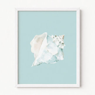 Pastelblauw en witte waterverf schelp poster