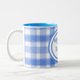 Pastelblauw geruit op maat tweekleurige koffiemok