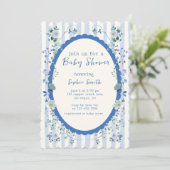 Pastelblauw  gestreept tuin Baby shower Kaart (Staand voorkant)