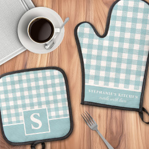 Pastelblauw Gingham Geruit Geborduurd Ovenwant & Pannenlap Set